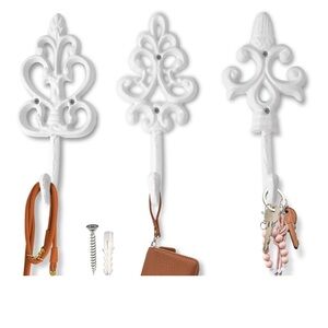 NEW SHABBY CHIC DECOR 3 SET WALL HOOKS CAST IRON FRENCH COUNTRY PURE WHITE